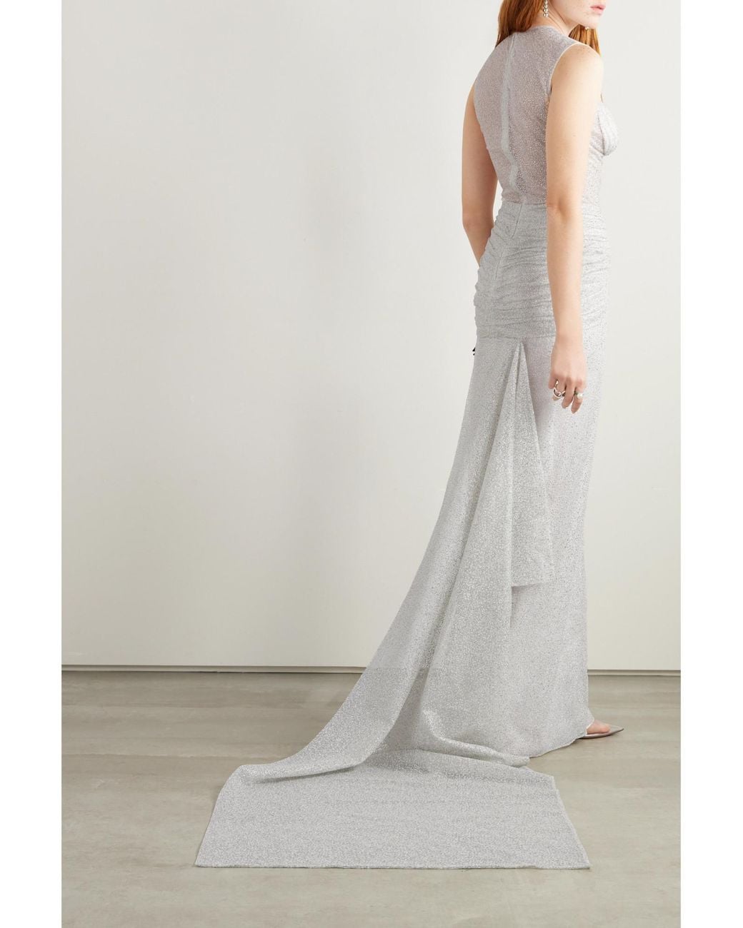 Sandra Mansour White Sequin Train Gown