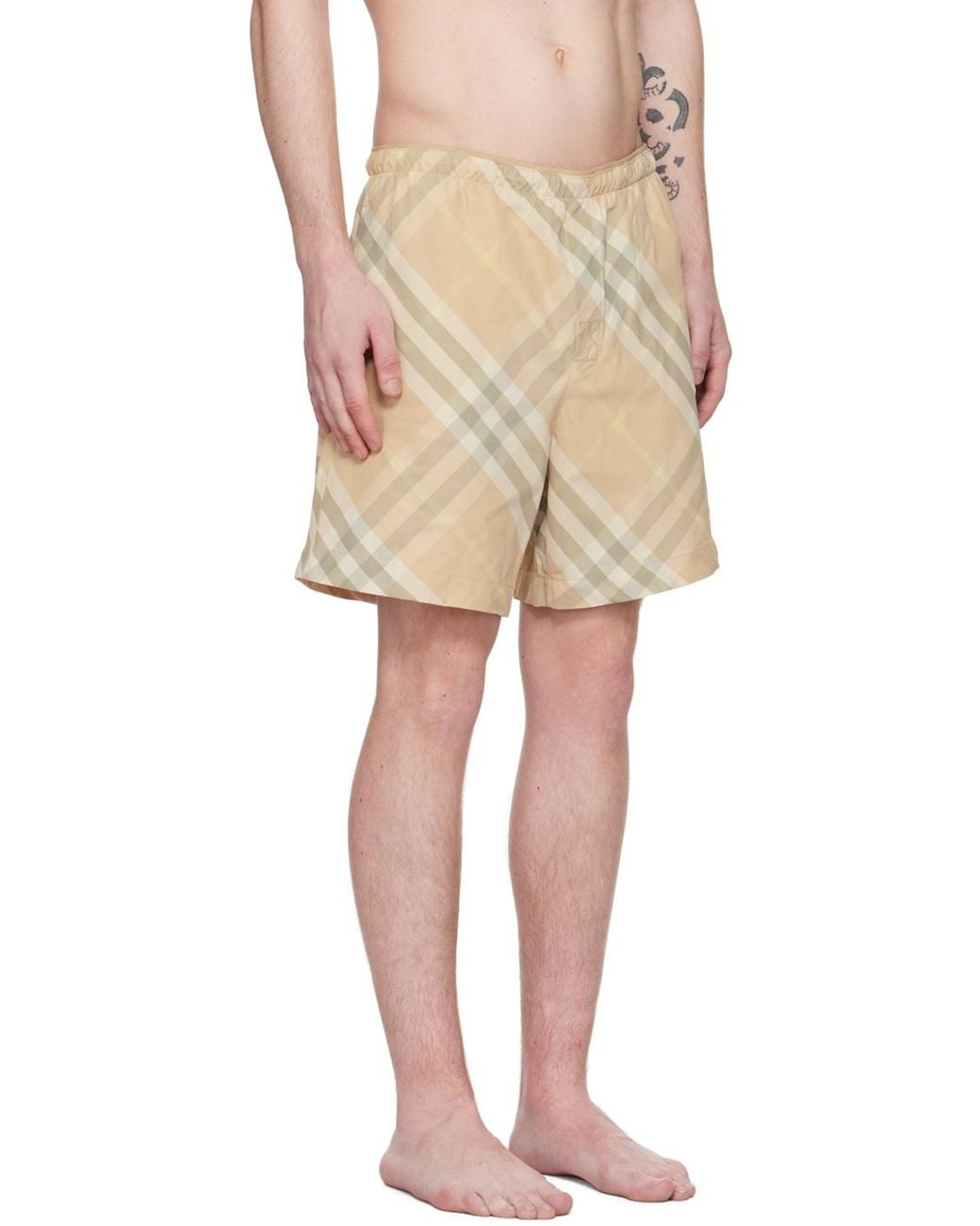 Burberry Natural Checked Elasticated-Waistband Swim Shorts for men