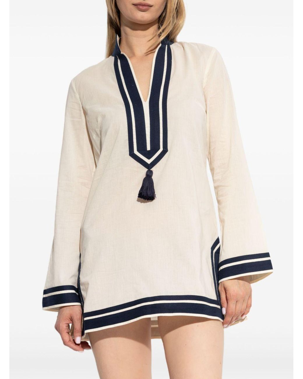 Tory Burch Natural Embroidered Tassel Tunic Top
