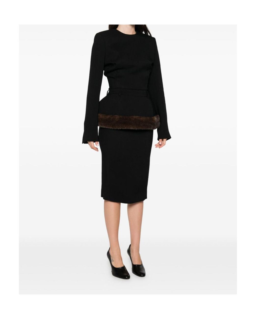 Stella McCartney Black Faux-Fur Peplum Midi Dress