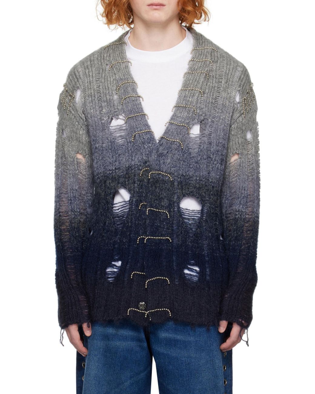 Off-White c/o Virgil Abloh Gray Distressed Knitted Cardigan for men