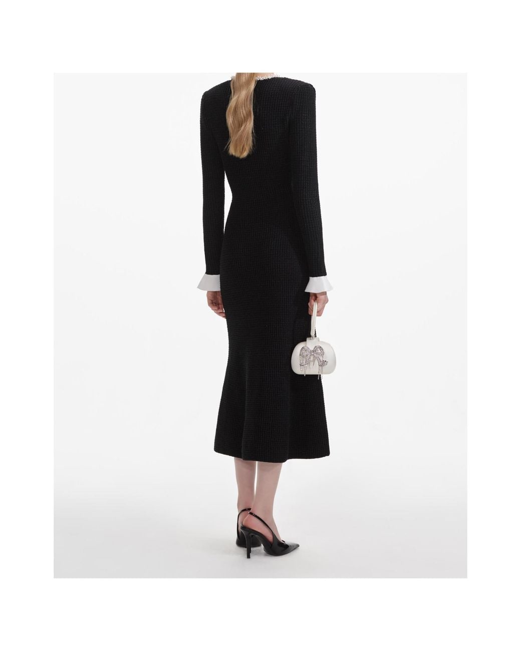 Self-Portrait Black Pearl-Trim Knit Midi Dress