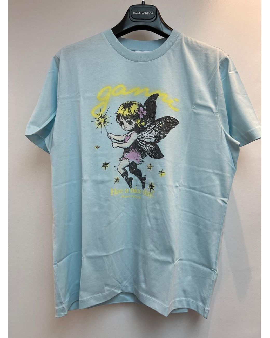 Ganni Blue Cotton T-Shirt With Fairy Graphic Print