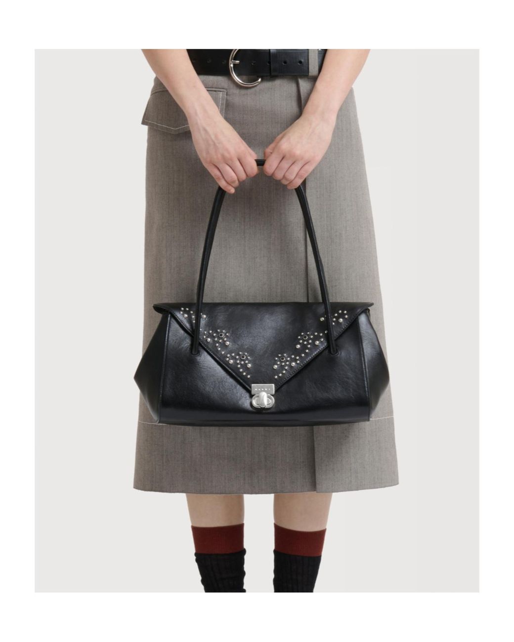Marni Black Leather E/W Shoulder Bag With Studs
