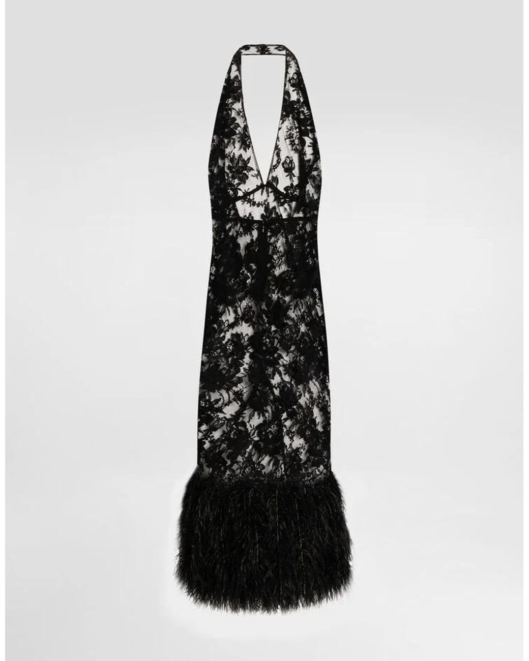 Dolce & Gabbana Black Lace Dress With Feathers Strucia