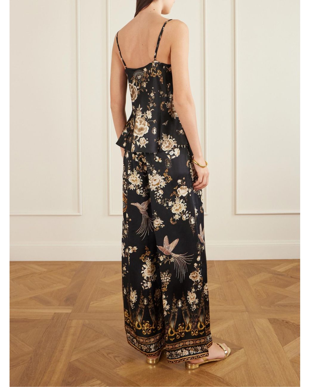 Camilla Black Asymmetric Draped Embellished Embroidered Printed Silk-Satin Top