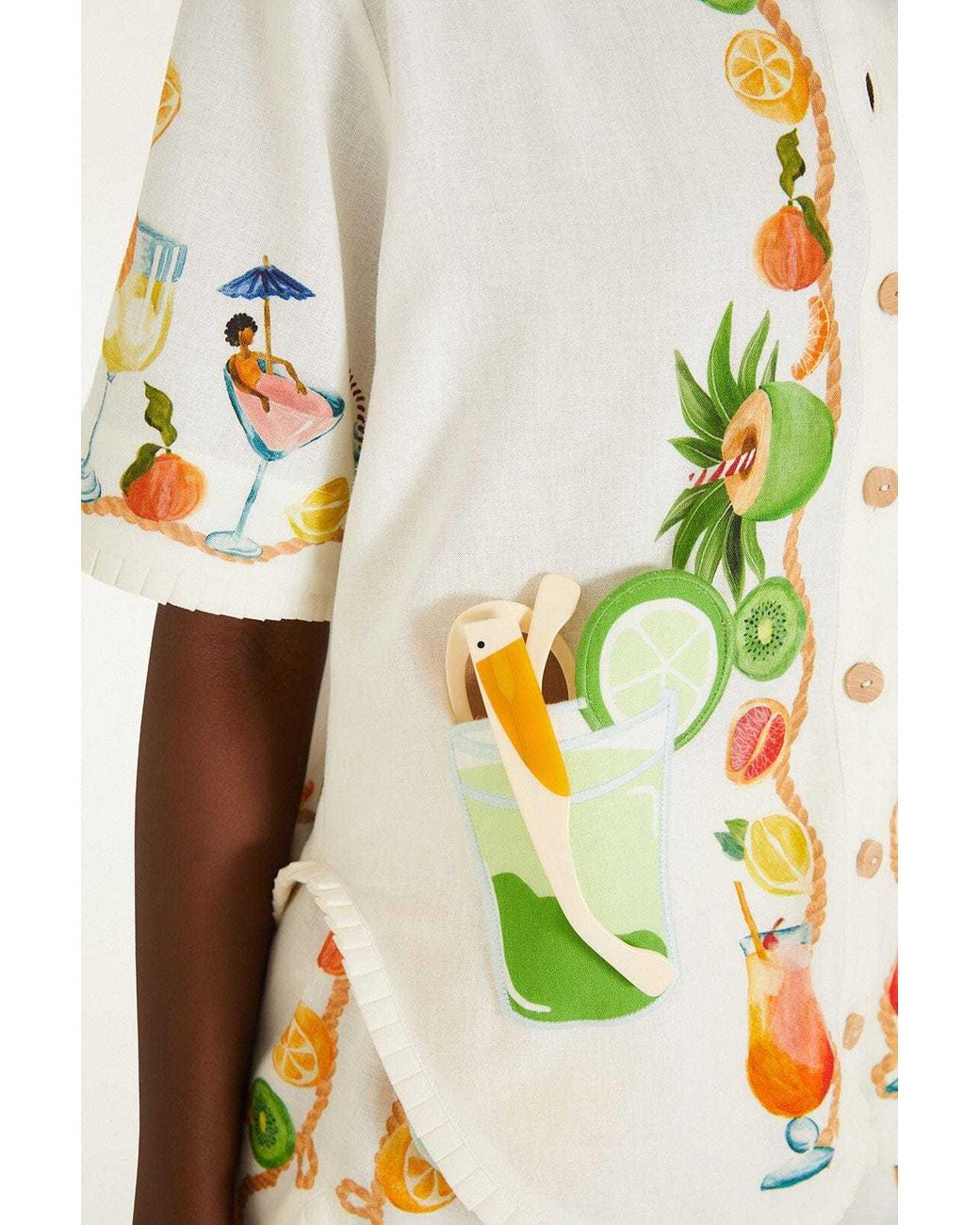 Farm Rio Metallic Off- Biricutico Scarf Embroidered Short Sleeve Shirt