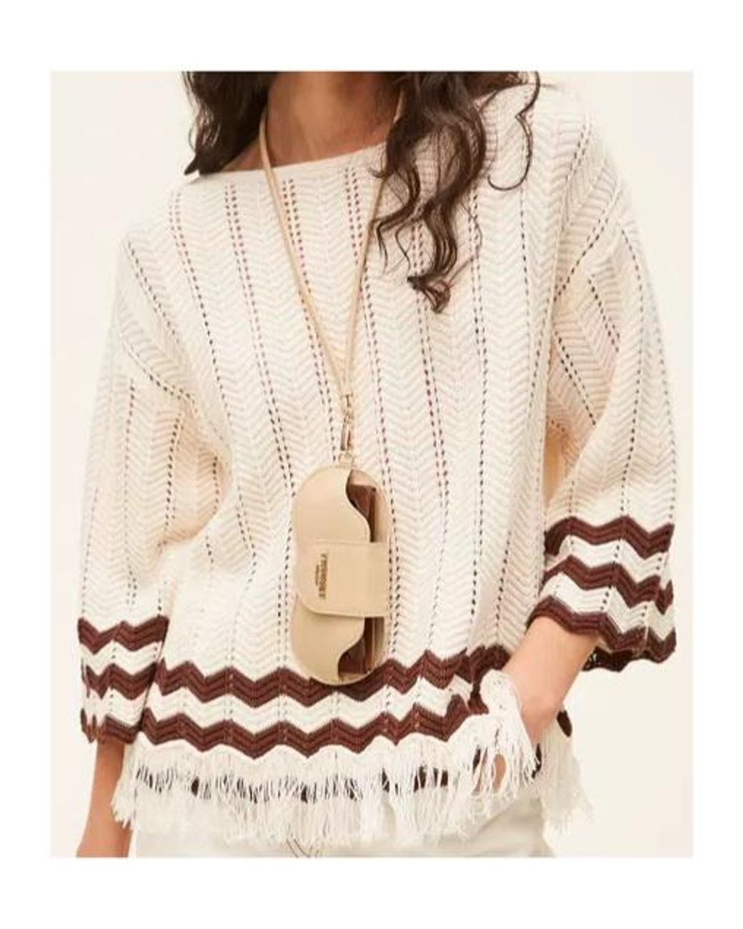 Twinset White Zig-Zag Detail And Fringes Jumper
