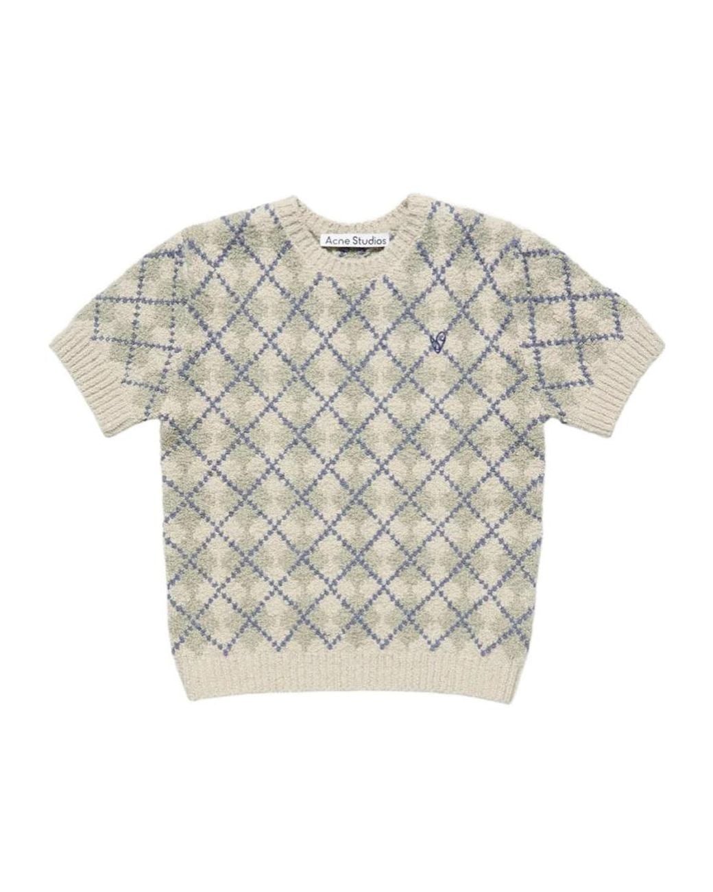 Acne White Bouclé Argyle Knit Sweater