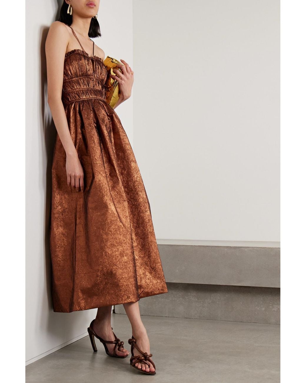 Ulla Johnson Brown Seraphina Shirred Metallic Crinkled-Taffeta Midi Dress