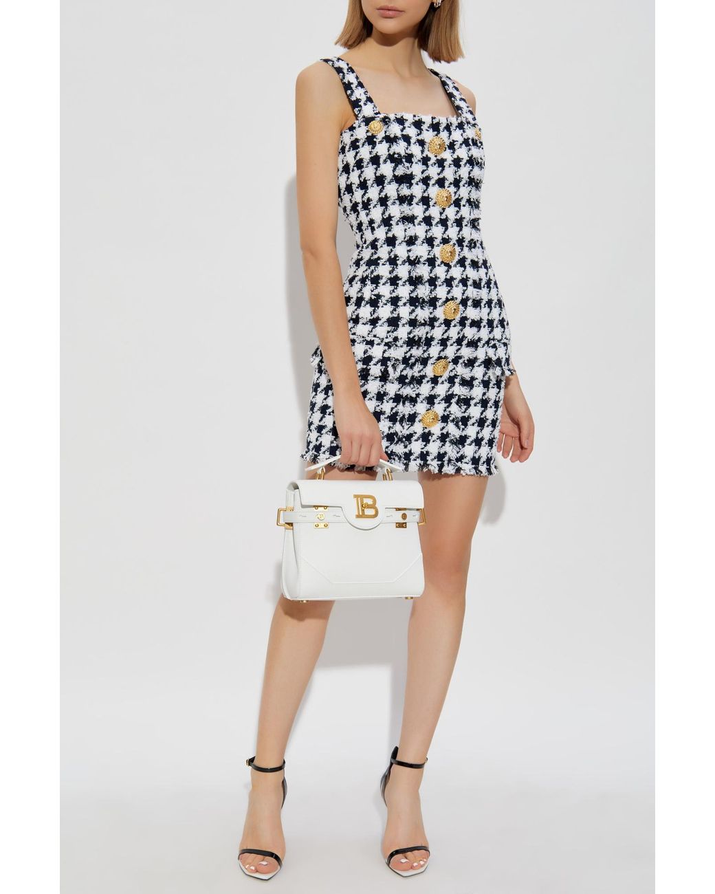 Balmain Blue Houndstooth Button Detailed Tweed Dress