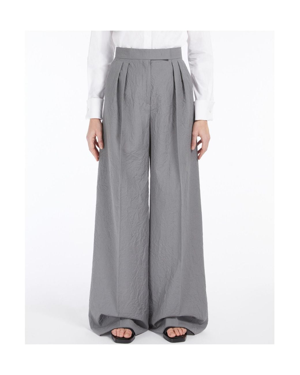 Max Mara Gray Acinoso Pleat Detailed Wide-Leg Trousers