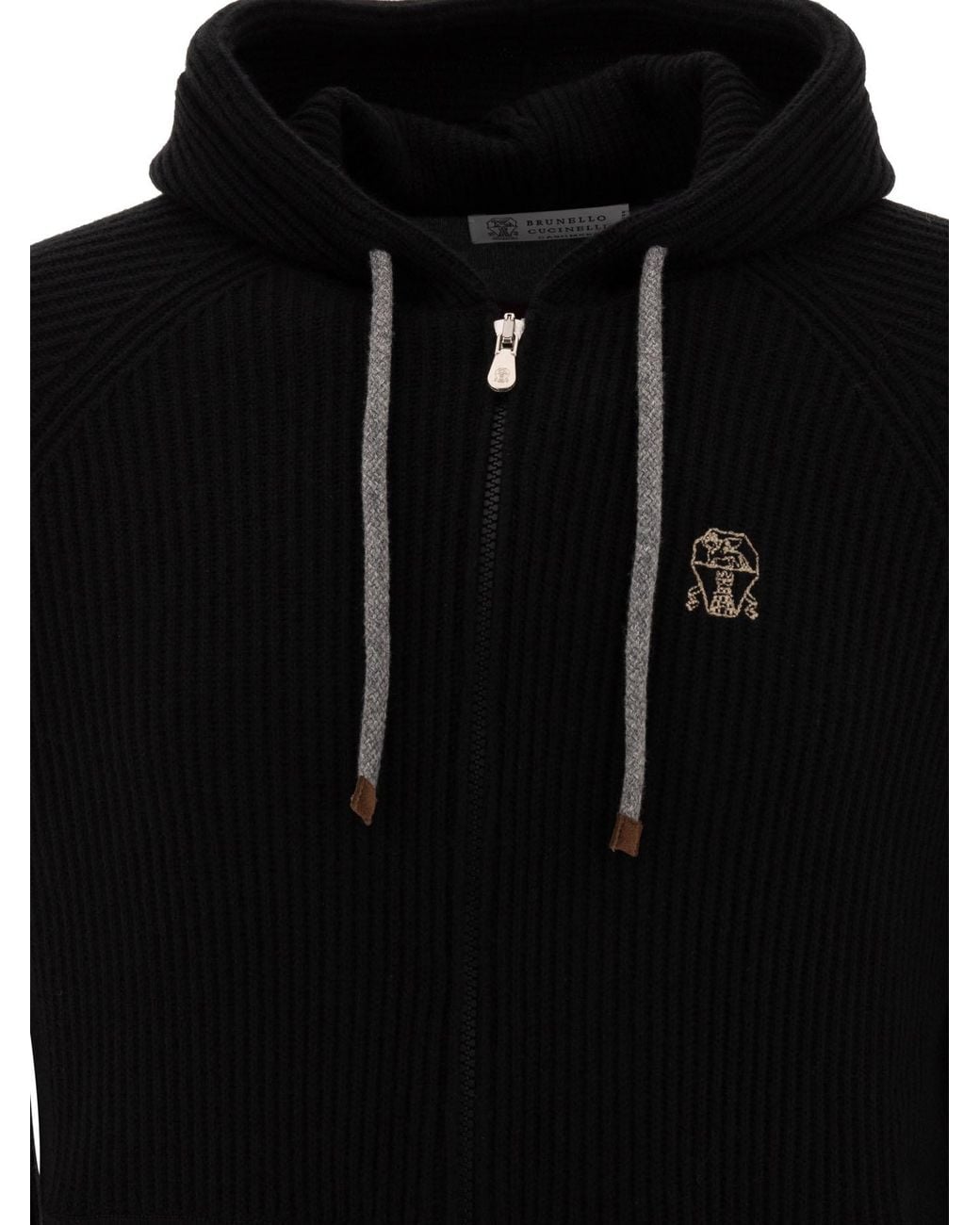 Brunello Cucinelli Blue Logo Embroidered Zipped English Rib Knit Hooded Sweatshirt for men