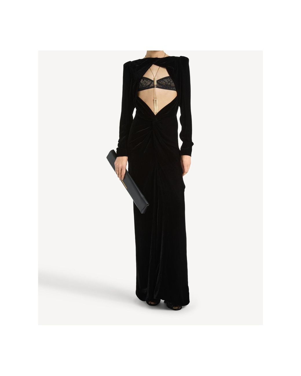 Balmain Black Long Velvet And Lace Dress