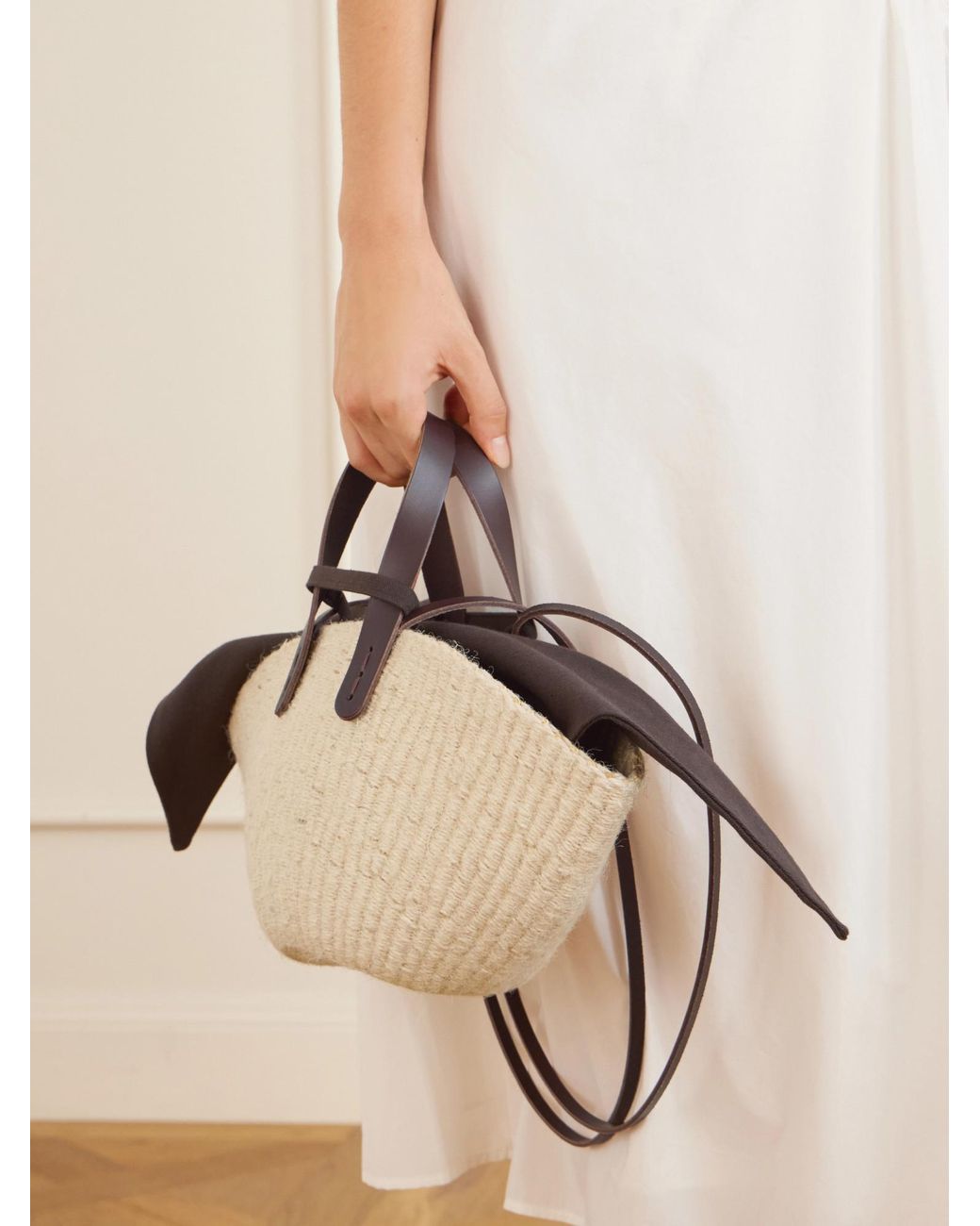 Muuñ Natural Leather And Cotton-Trimmed Raffia Mini Tote