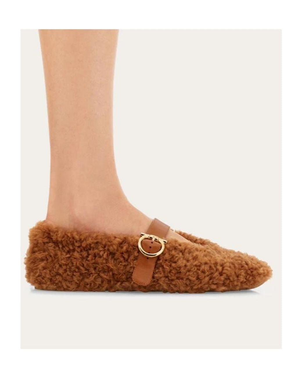 Ferragamo Brown Ferragamo Shearling Buckled Slip-On Ballet Flats