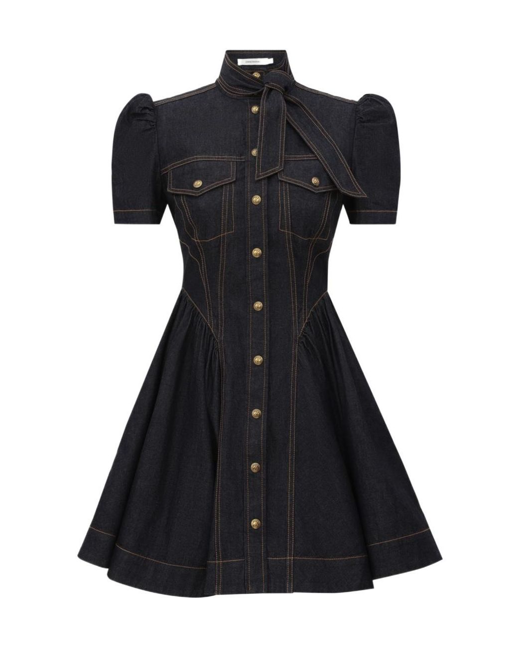 Zimmermann Black Topstitch Belted Shirt Dress