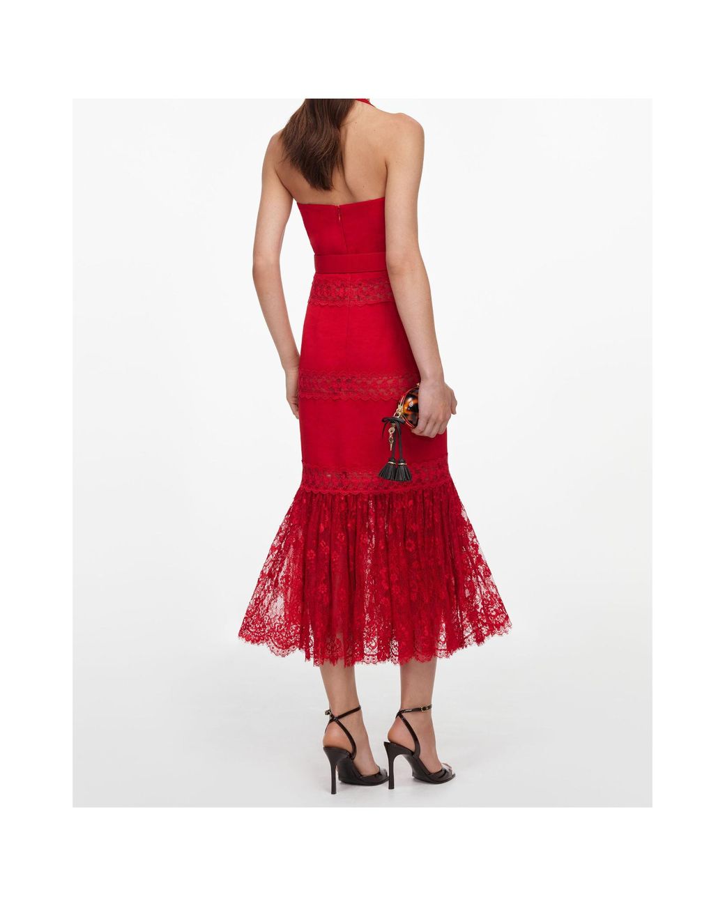 Self-Portrait Red Lace-Panelled Belted Midi Dress