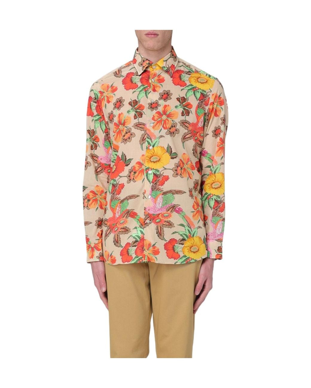 Etro Orange Allover Floral Print Long-Sleeved Shirt for men