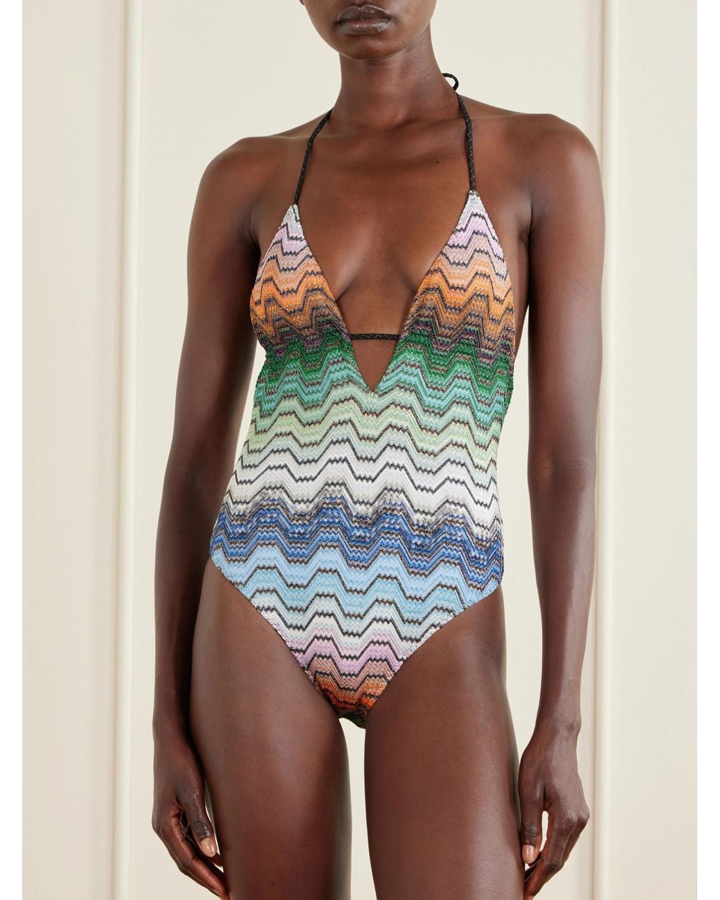 Missoni Blue Striped Crochet-Knit Halterneck Swimsuit