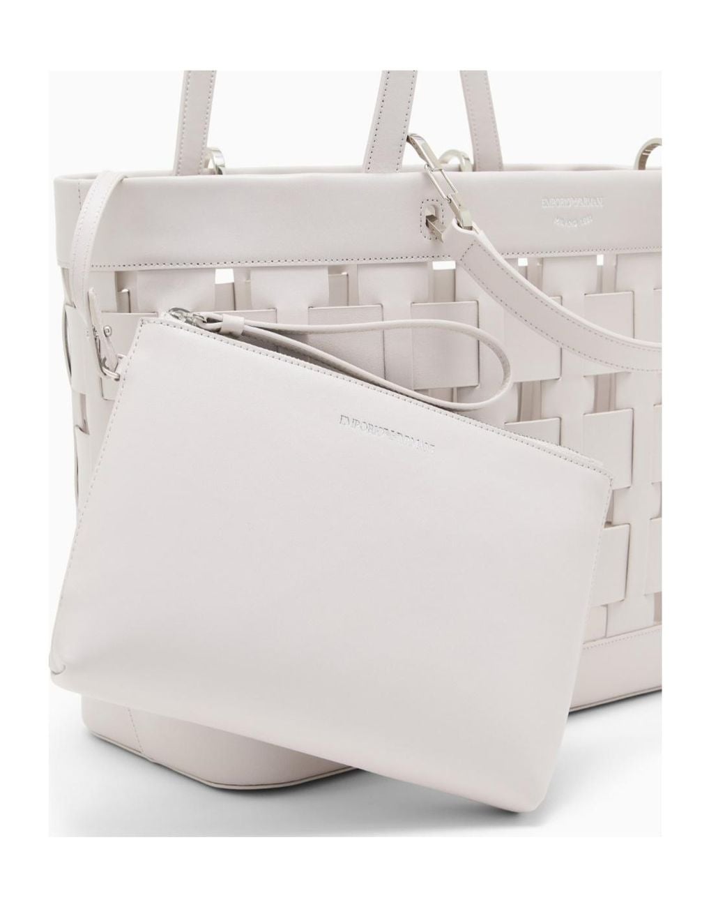 Emporio Armani White Tote Bag With Woven Design Double Handles And Pouch