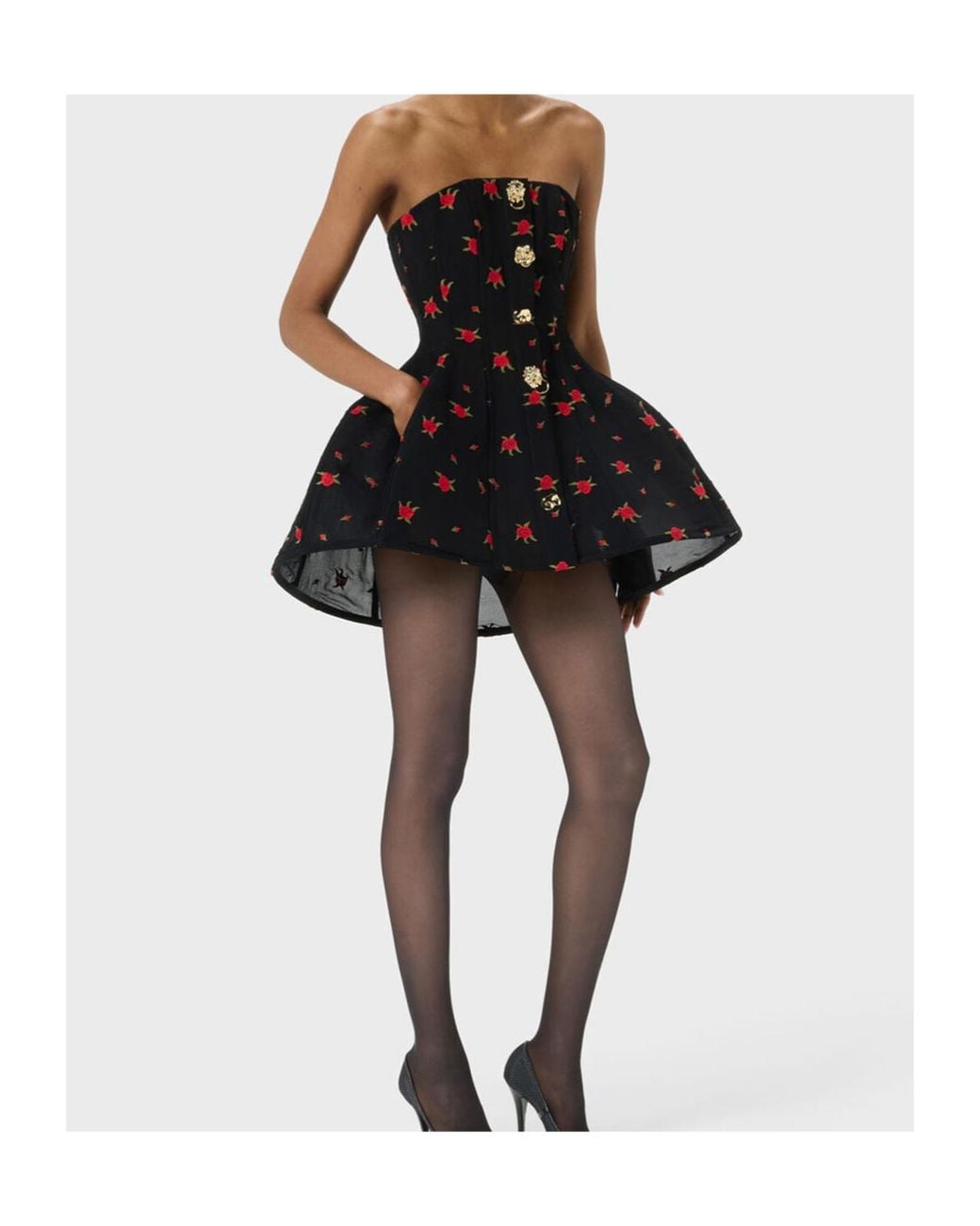 Blumarine Black Short Dress With Rose Embroidery And Bejewelled Buttons