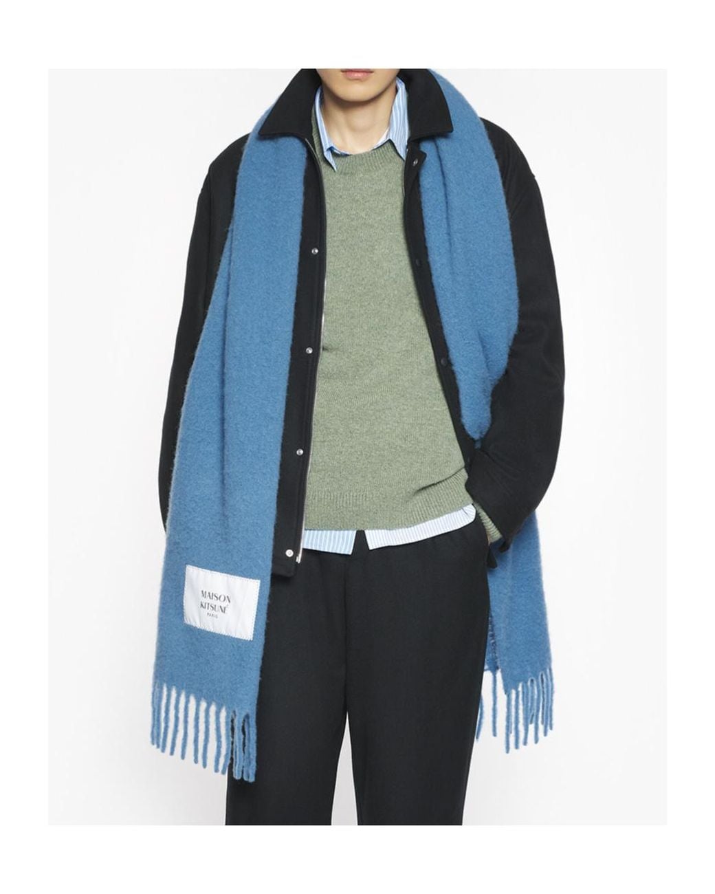 Maison Kitsuné Blue Maison Kitsuné Logo Patch Fringed Knit Scarf for men