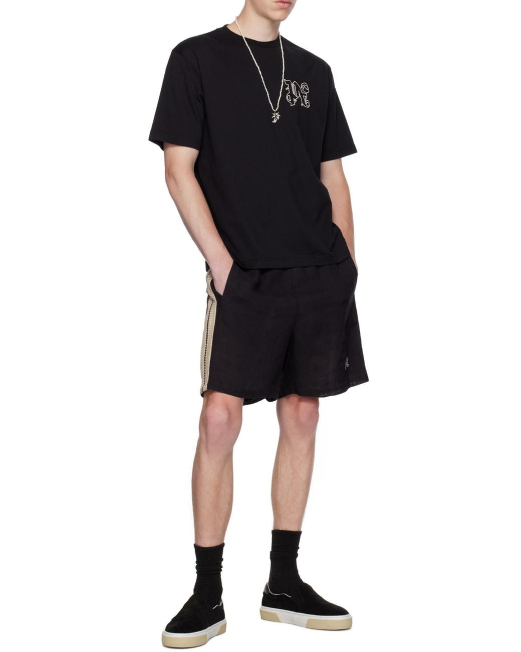 Palm Angels Black Monogram-Embroidered Striped Shorts for men