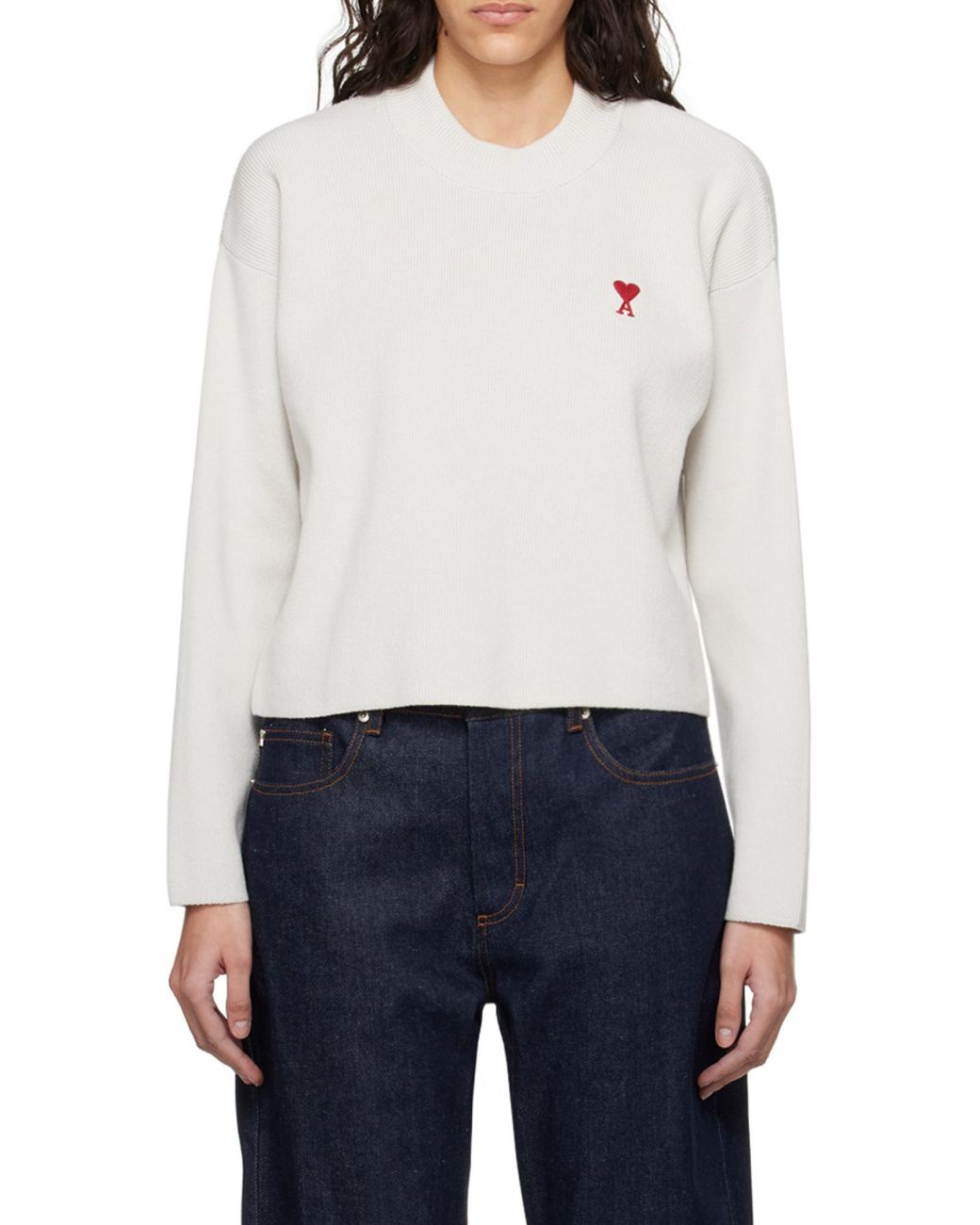 AMI White Ami De Coeur Logo Embroidered Knitted Jumper for men