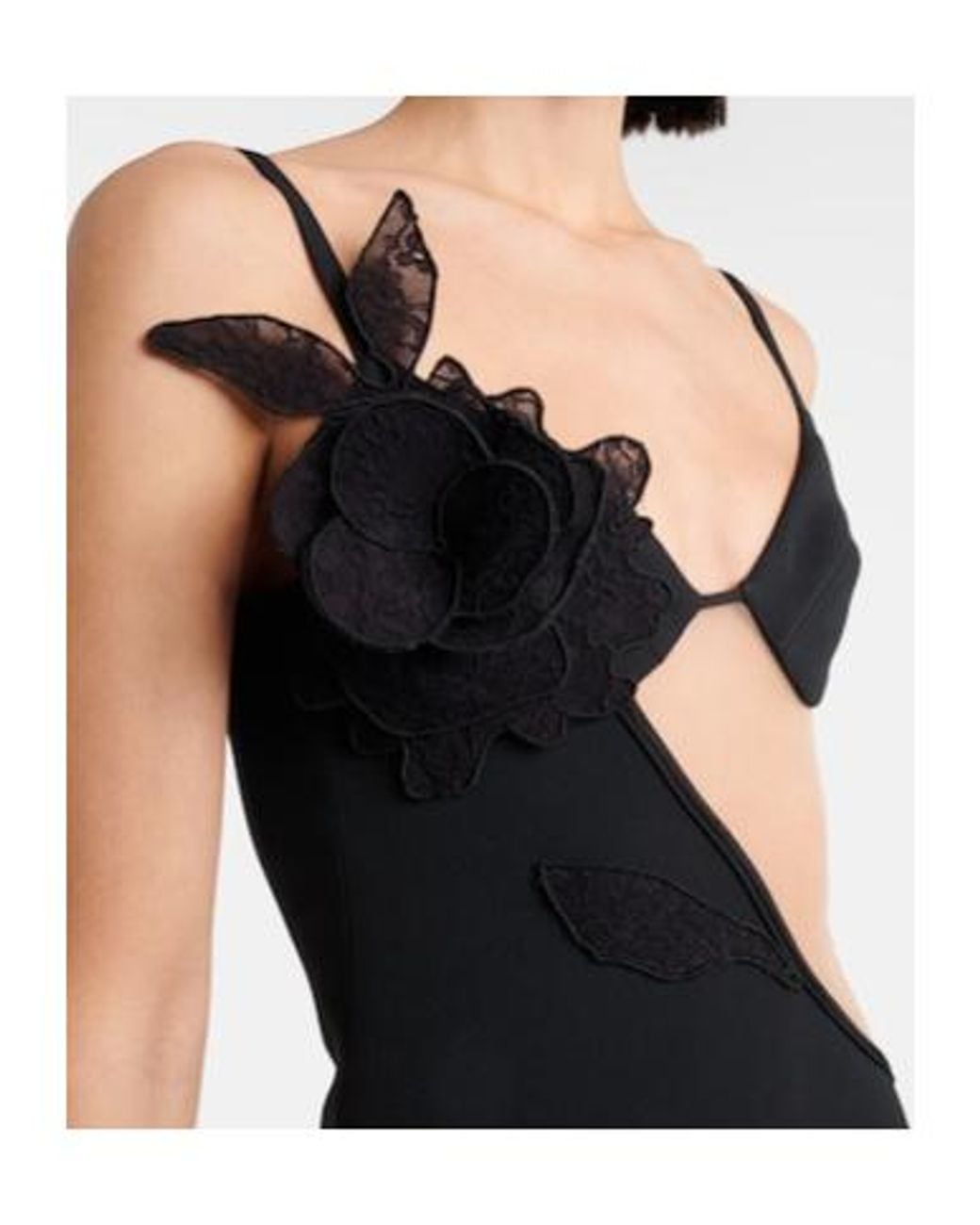 David Koma Black Asymmetric Cutout Floral-Applique Midi Dress