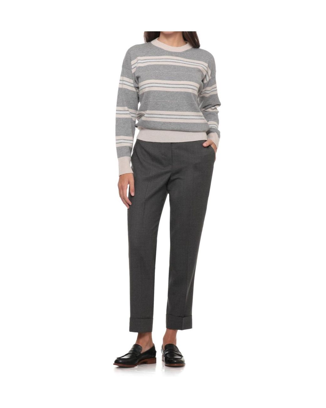 Peserico Gray Striped Crew-Neck Knitted Sweater