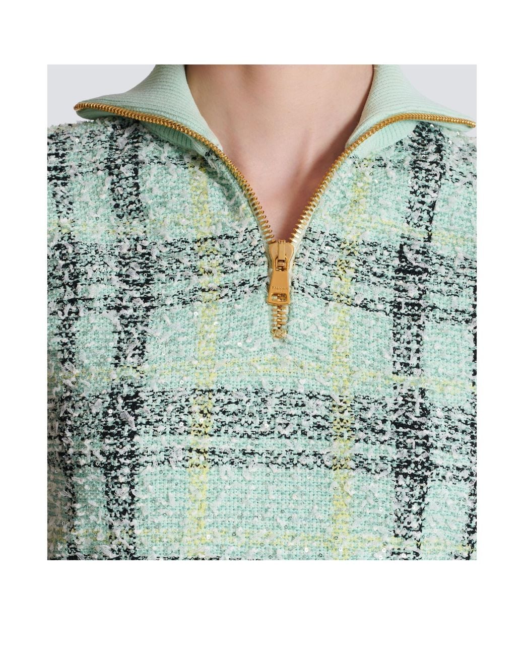 Balmain Blue Sleeveless Plaid Tweed Top