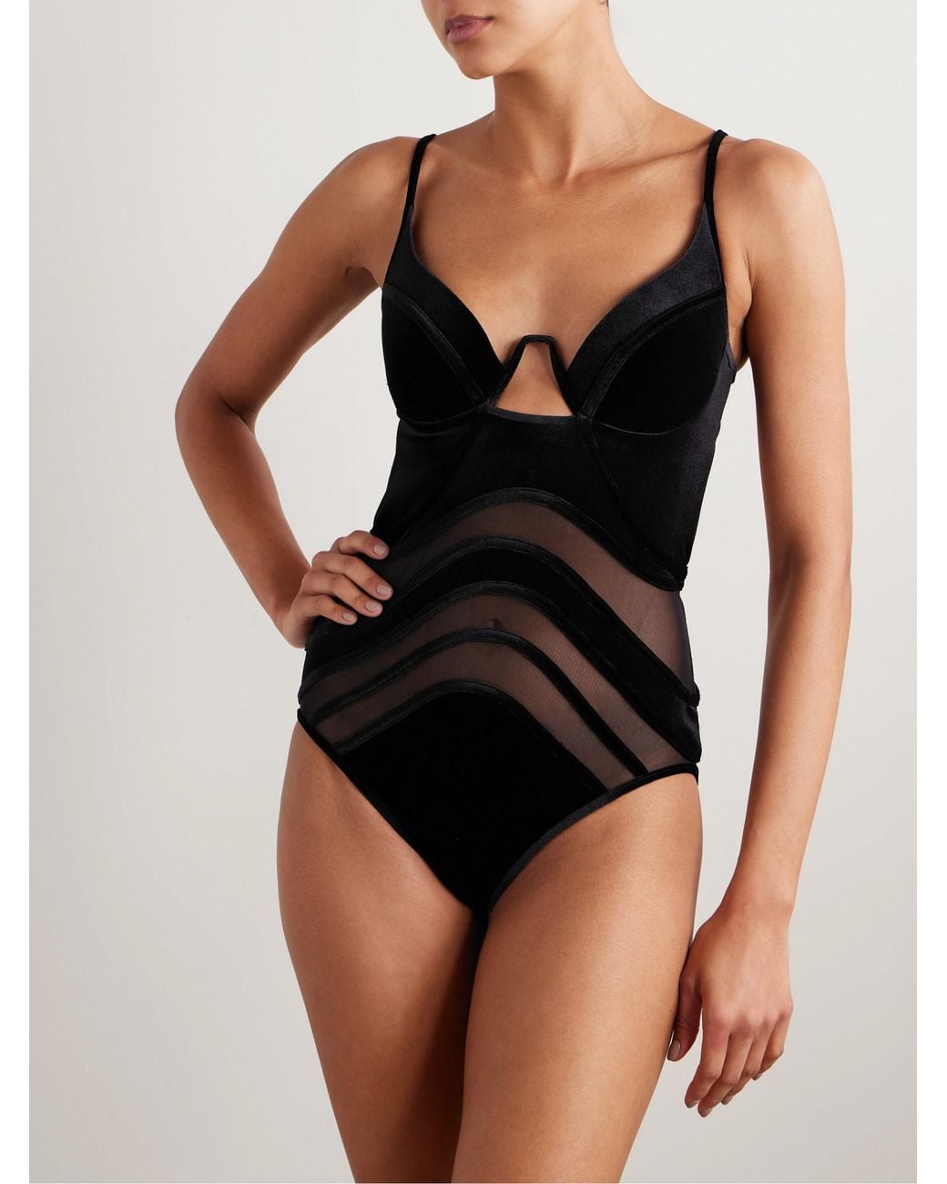 Zimmermann Black Velour And Mesh Spliced Swimsuit