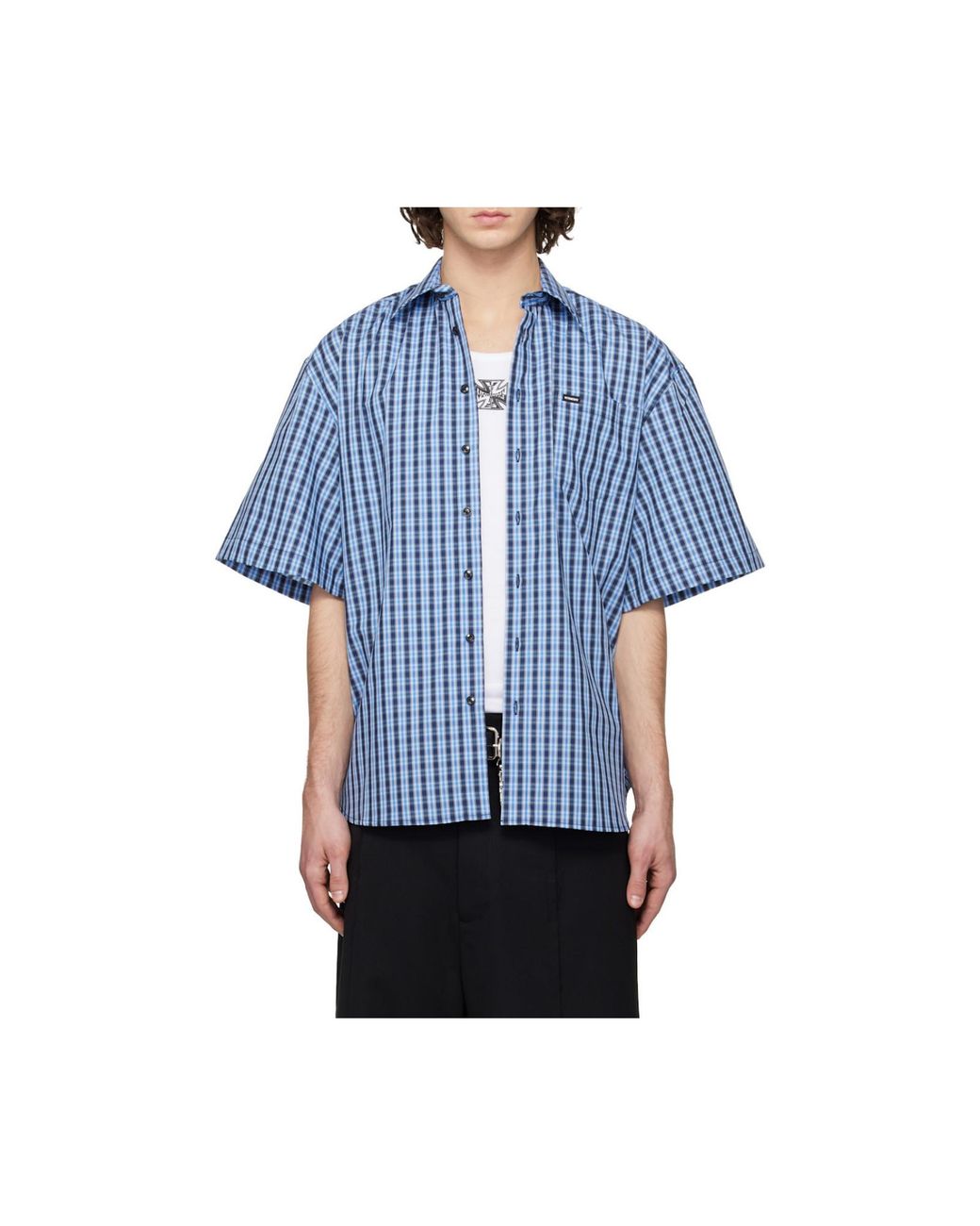 Vetements Blue Logo Patch Checked Short-Sleeve Shirt for men