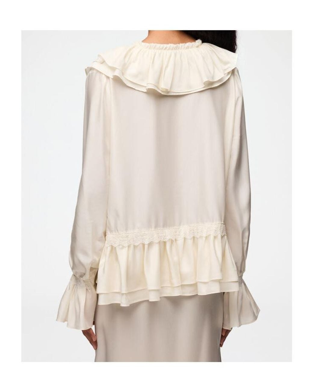 Ganni Natural V-Neck Ruffled Lace-Trim Blouse
