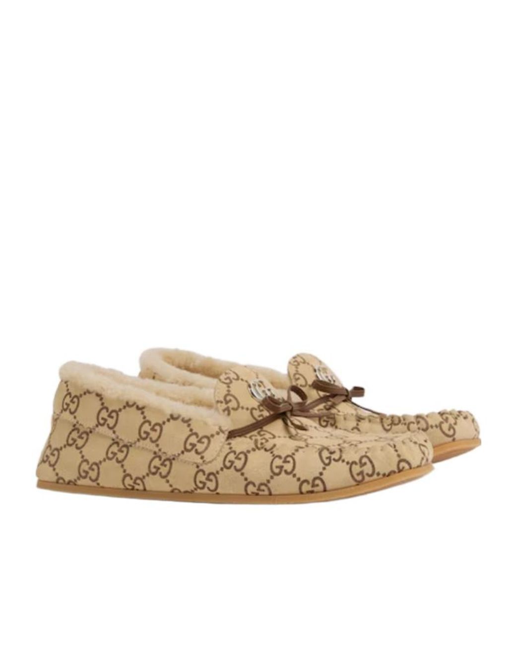 Gucci Natural Driver Loafer With Merino Wool Lining, Size 34 It