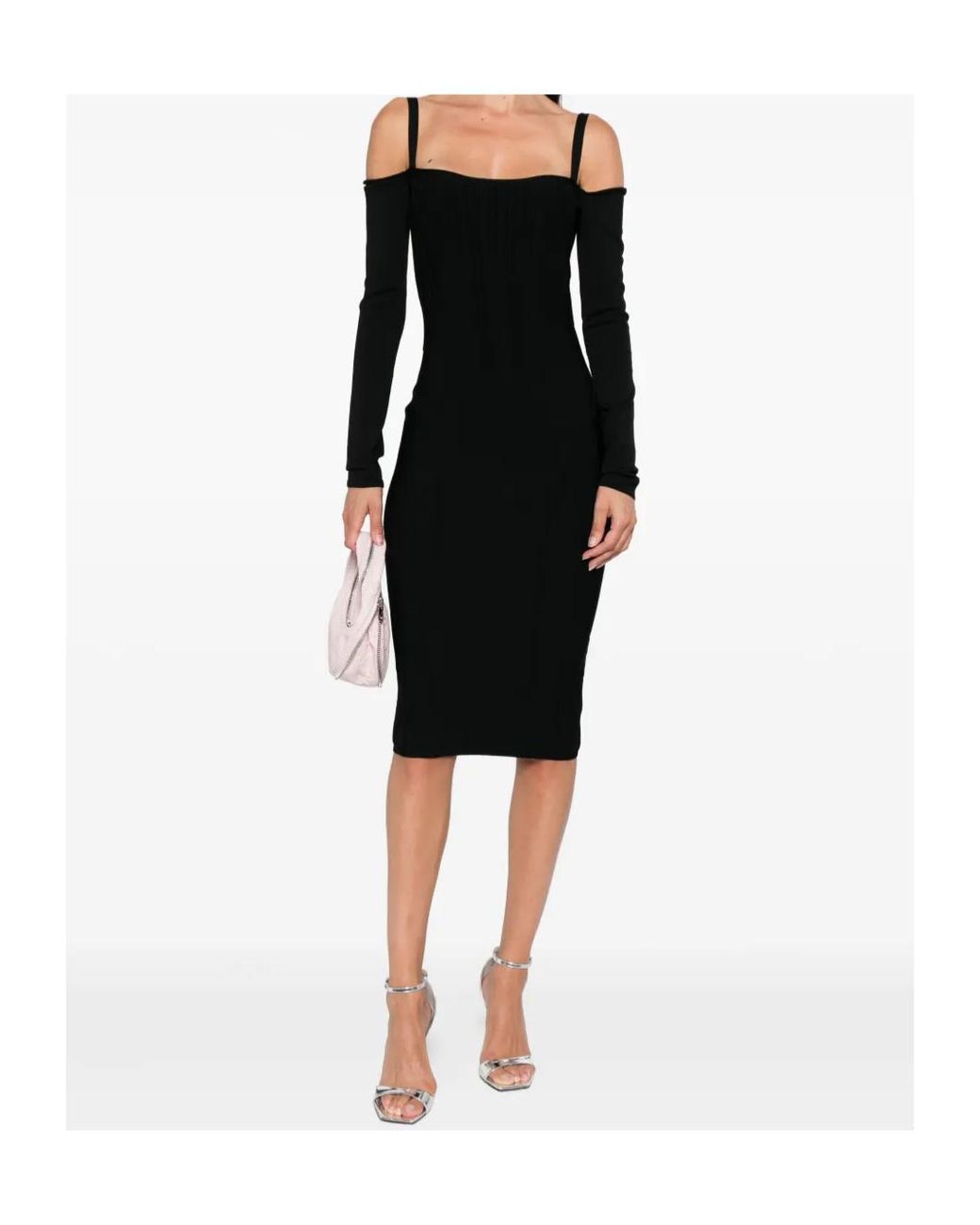 Mugler Black Off-The-Shoulder Long-Sleeved Midi Dress