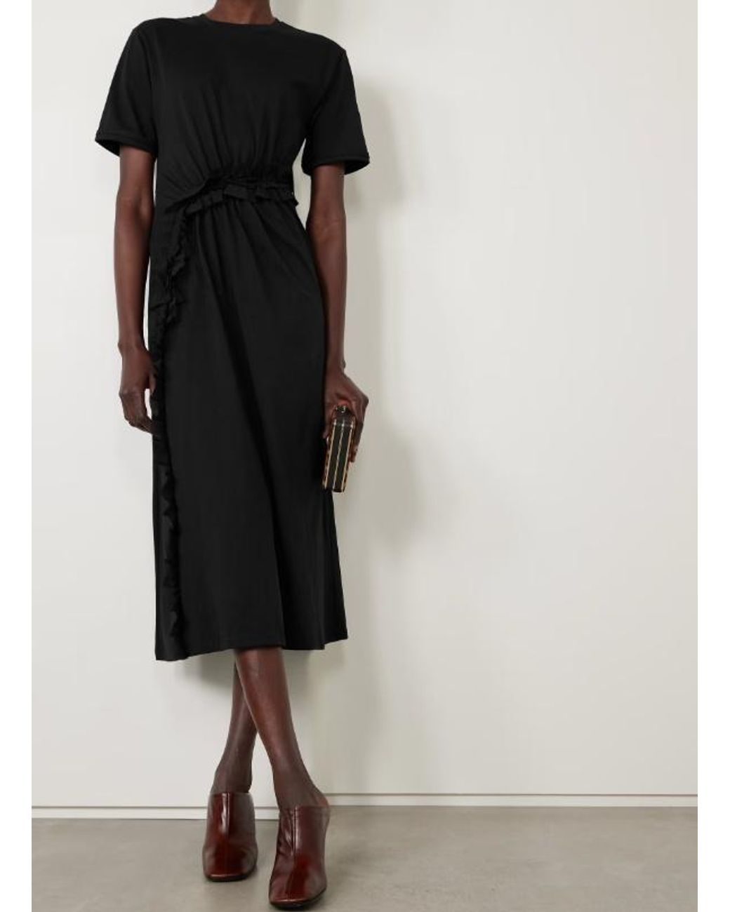 Ulla Johnson Black Lilia Crepon-Trimmed Ruched Organic Cotton-Jersey Midi Dress