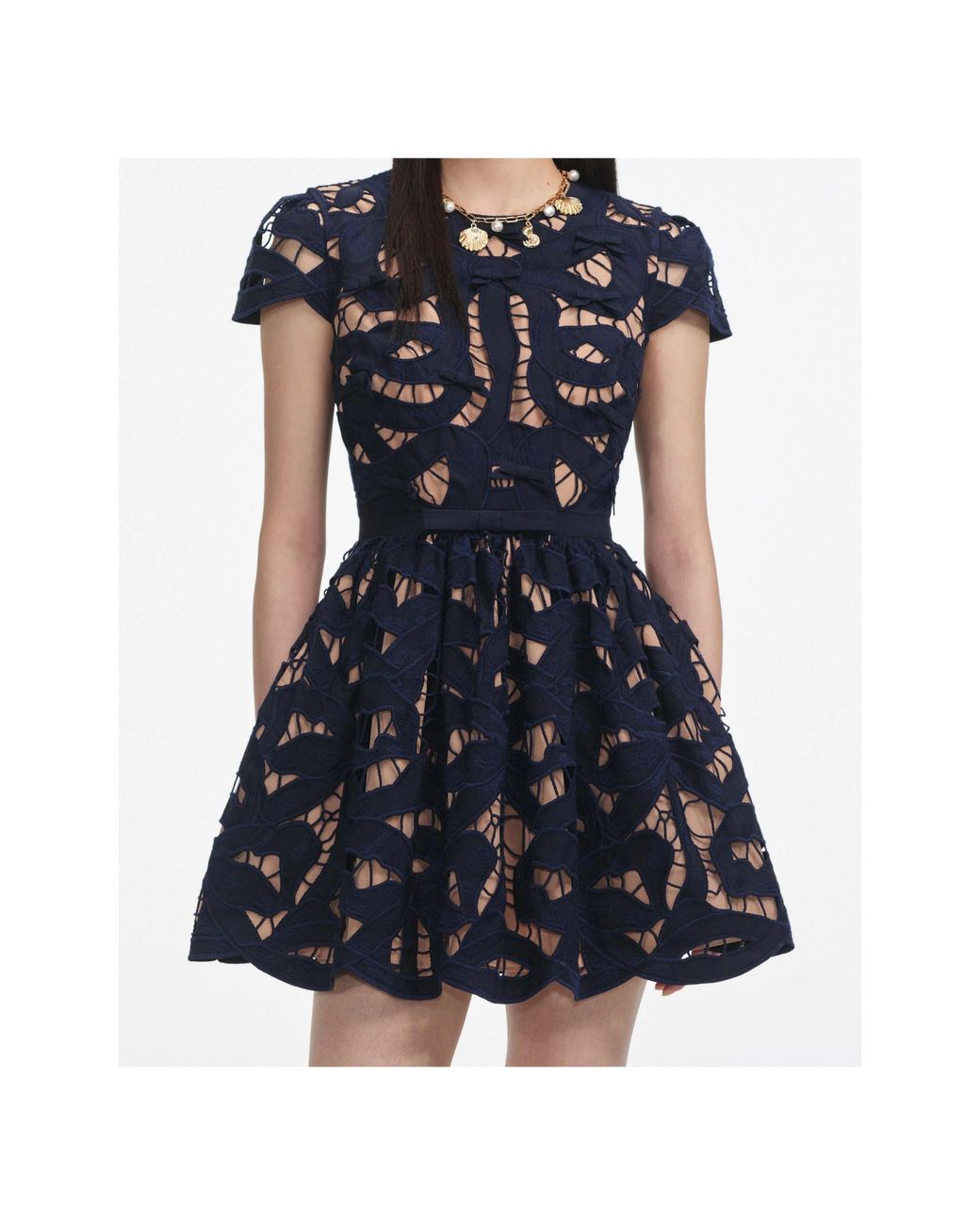 Self-Portrait Blue Self Portrait Cotton Poplin Mini Dress With Bow Motif
