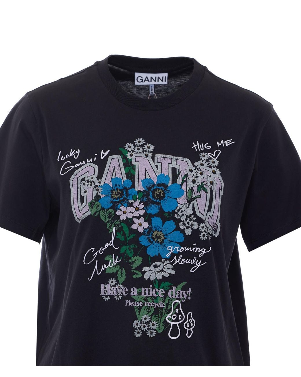 Ganni Black Relaxed Organic Cotton T-Shirt Flower
