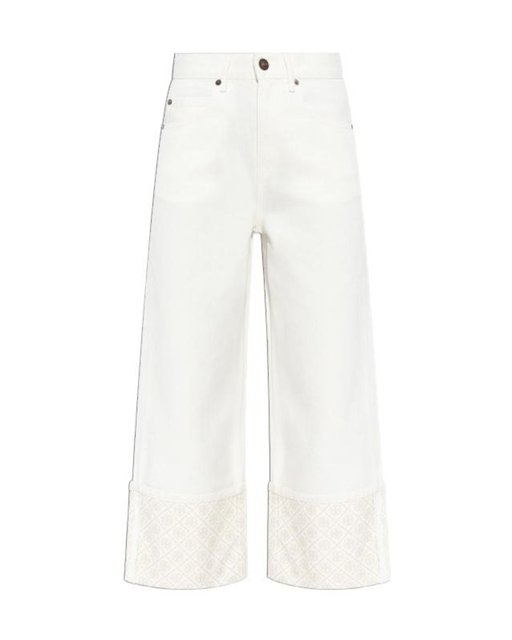 Tory Burch White Turn-Up Wide-Leg Jeans