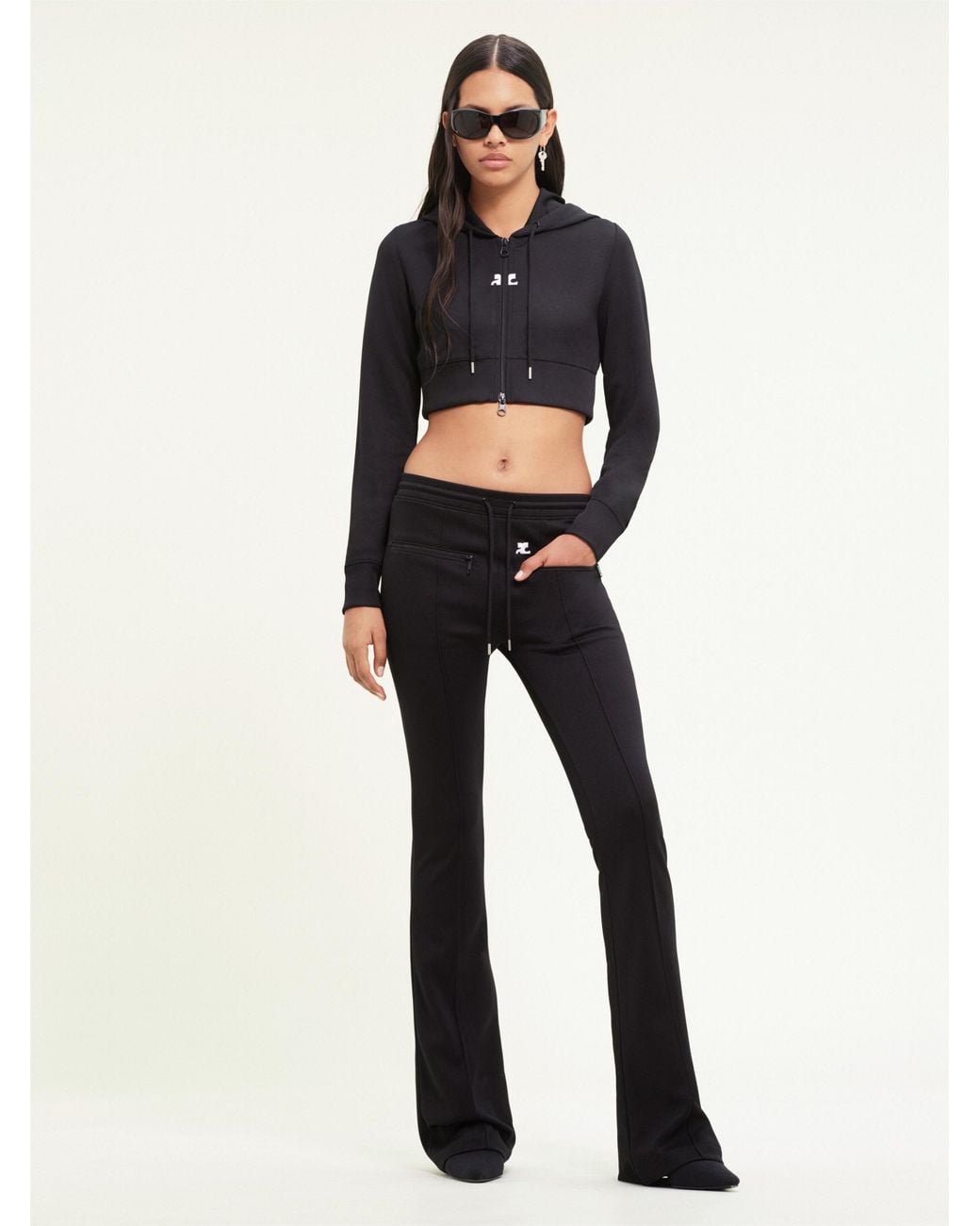 Courreges Black Logo-Patch Cropped Zipped Hoodie