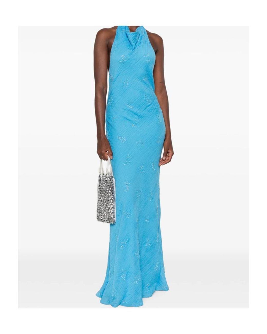 Staud Blue Roselle Beaded Halterneck Maxi Dress