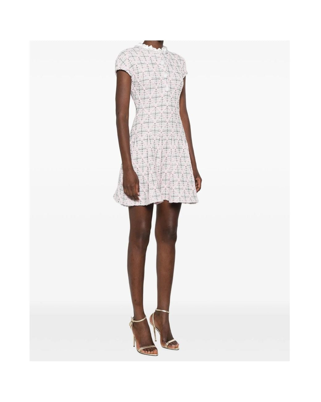 Self-Portrait White Check Knit Beaded Mini Dress