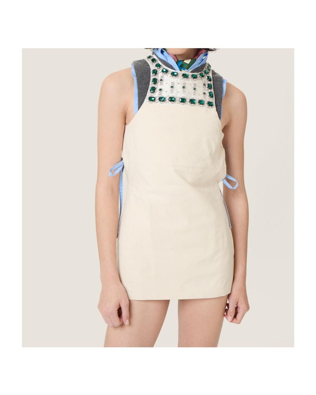 Miu Miu Natural Cotton Embellished Apron Mini Dress
