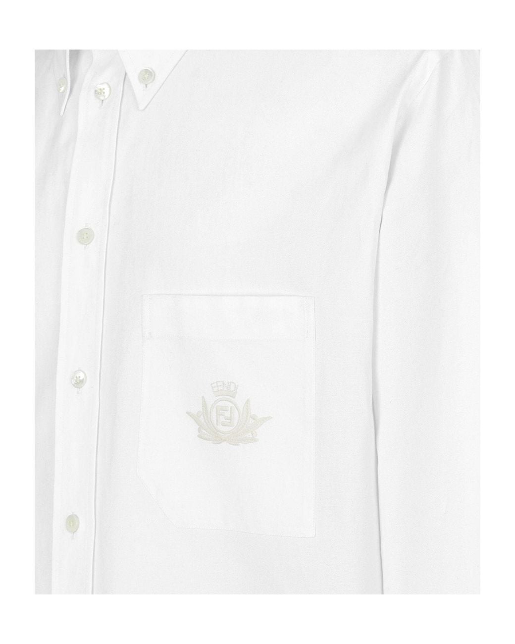 Fendi White Logo Embroidered Collared Long-Sleeve Shirt for men