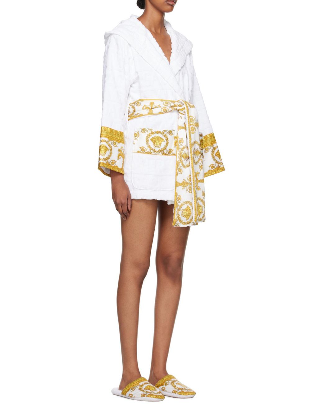 Versace White Baroque Printed Belted Waist Robe