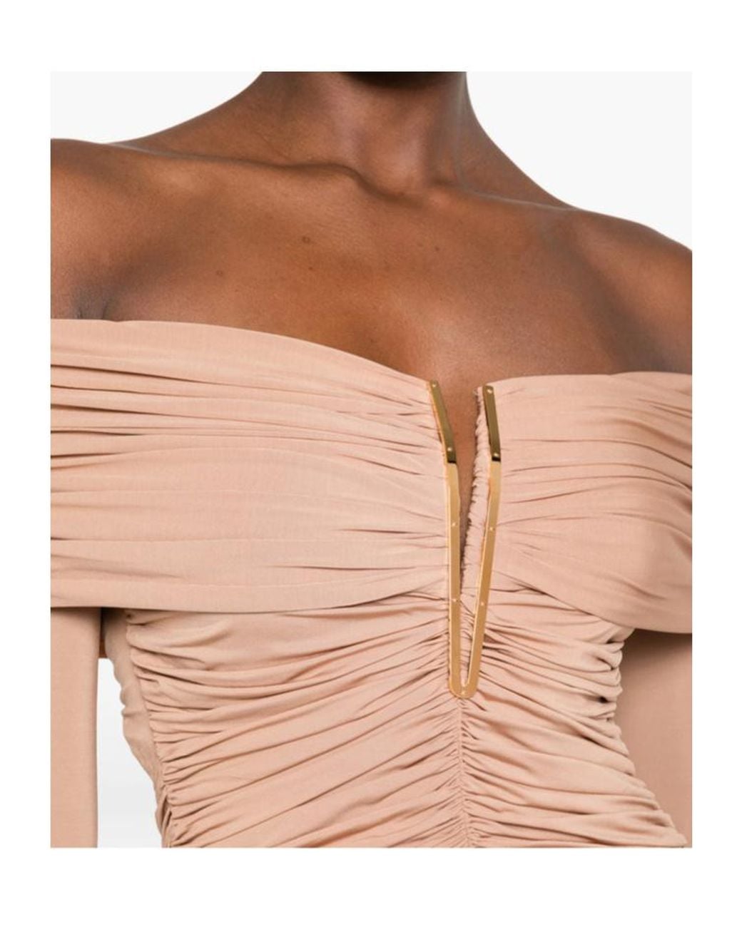 Elisabetta Franchi Natural Ruched Off-Shoulder Maxi Dress