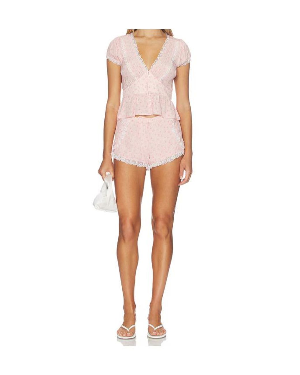 LoveShackFancy Pink Bondy Lace Trim Peplum Top