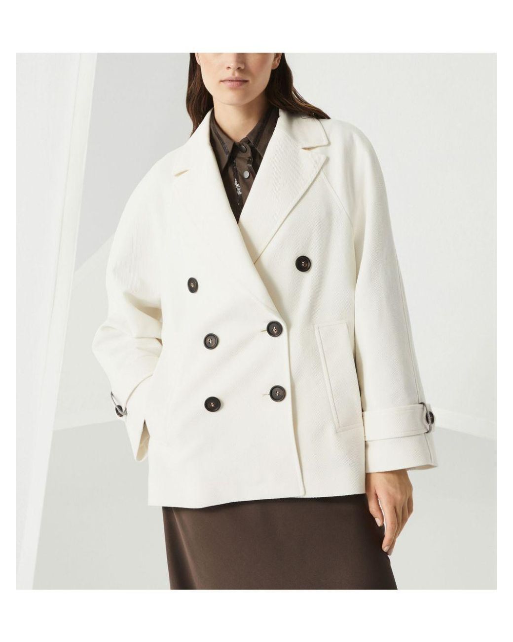 Brunello Cucinelli White Double-Breasted Long Sleeved Coat